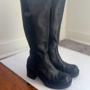 Vtg Y2K Harley Davidson Black Leather Tall Pavement Boots Sz 7 Chunky Moto Women